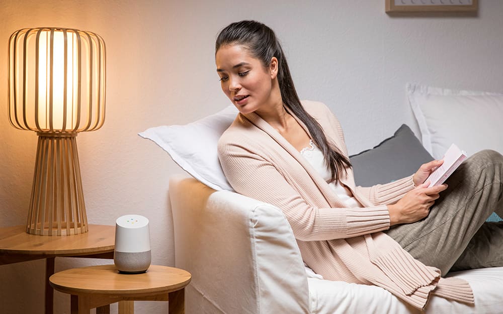 A person talking to a voice assistant.